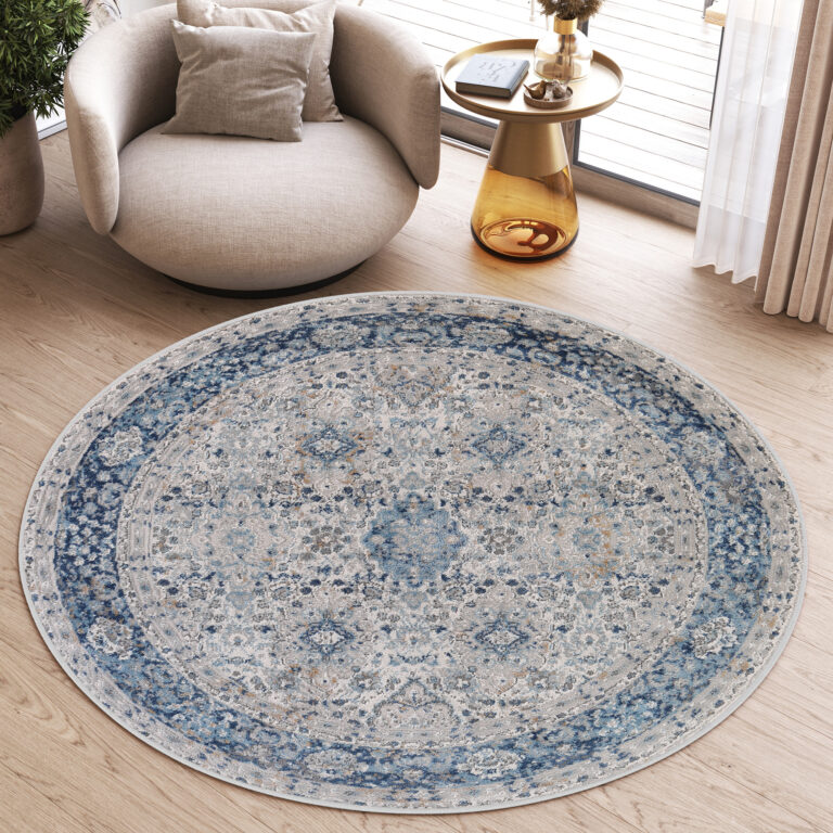 Vloerkleed Valley Rond Grijs Blauw Ornamenten Vintage