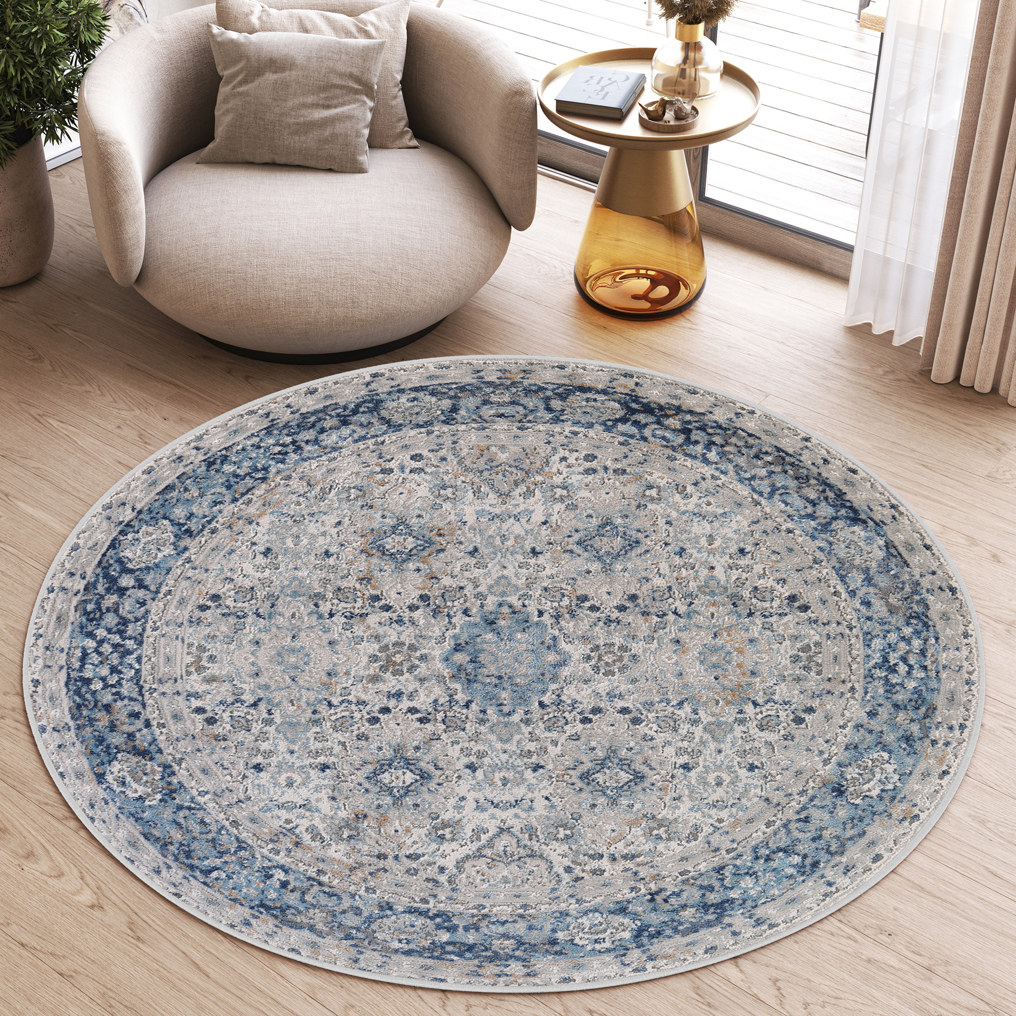 Vloerkleed Valley Rond Grijs Blauw Ornamenten Vintage