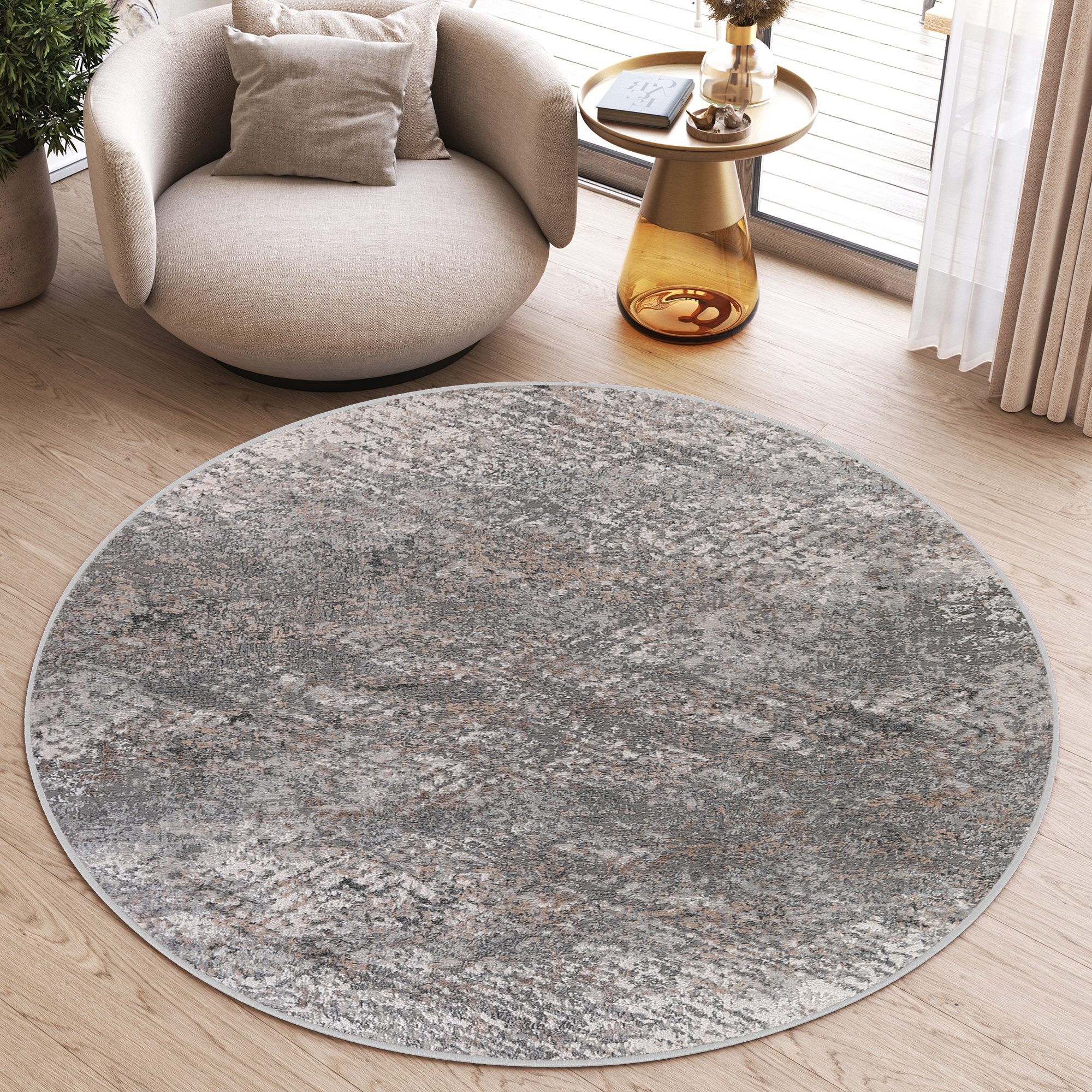 Vloerkleed Valley Rond Donker Grijs Abstract Lijnen