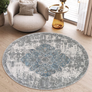Vloerkleed Valley Rond Grijs Blauw Vintage Gebloemd