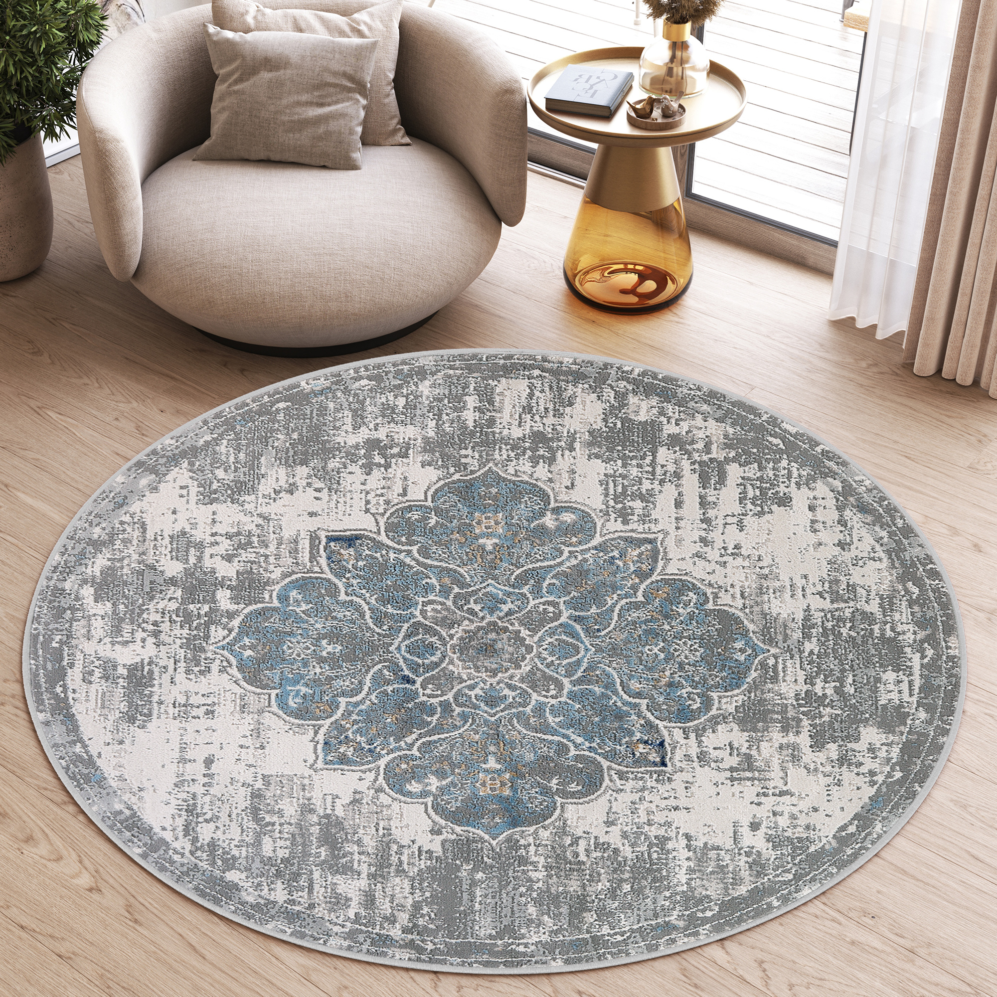 Vloerkleed Valley Rond Grijs Blauw Vintage Gebloemd
