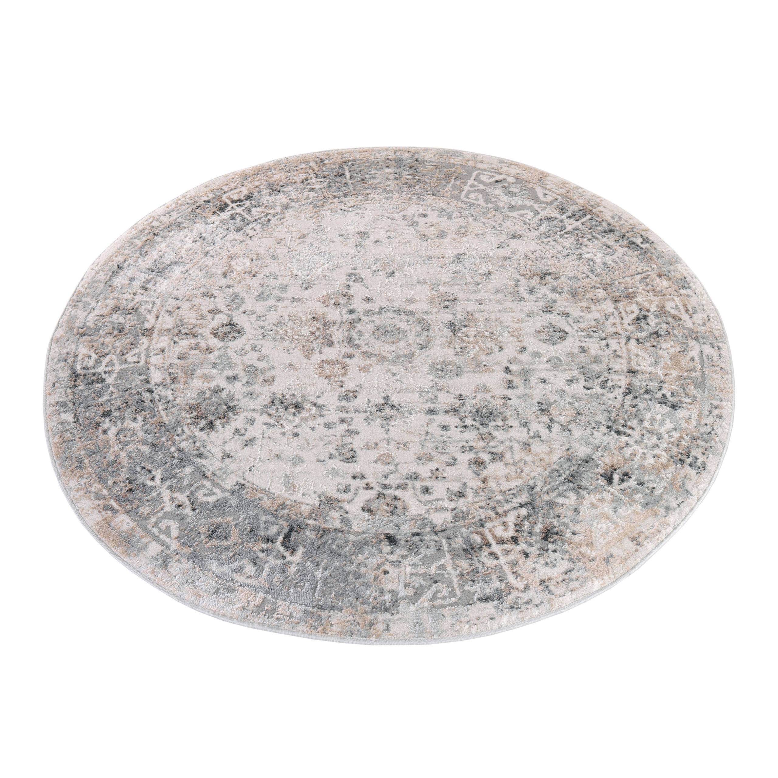 Vloerkleed Valley Rond Grijs Beige Ornamenten Frame
