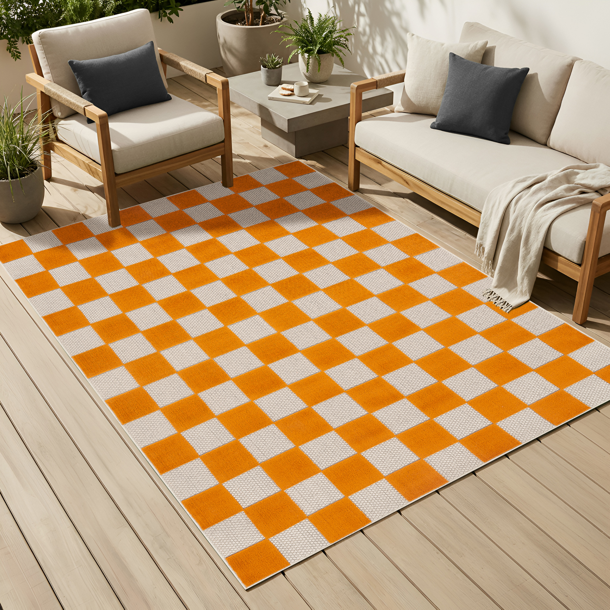 Buiten Vloerkleed Checker Crème Oranje