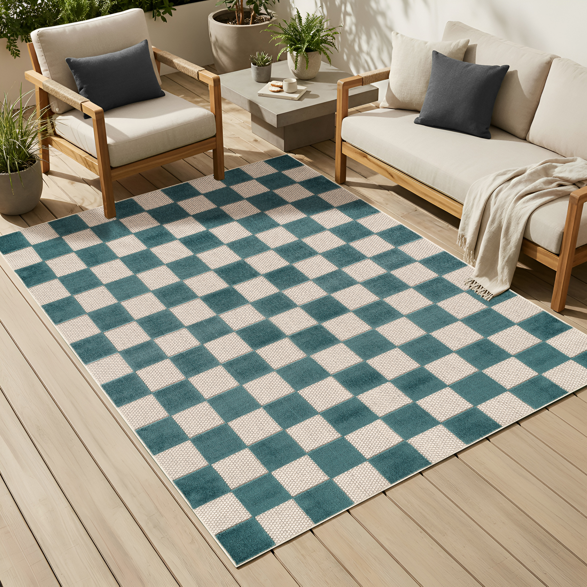 Buiten Vloerkleed Checker Crème Turkoois