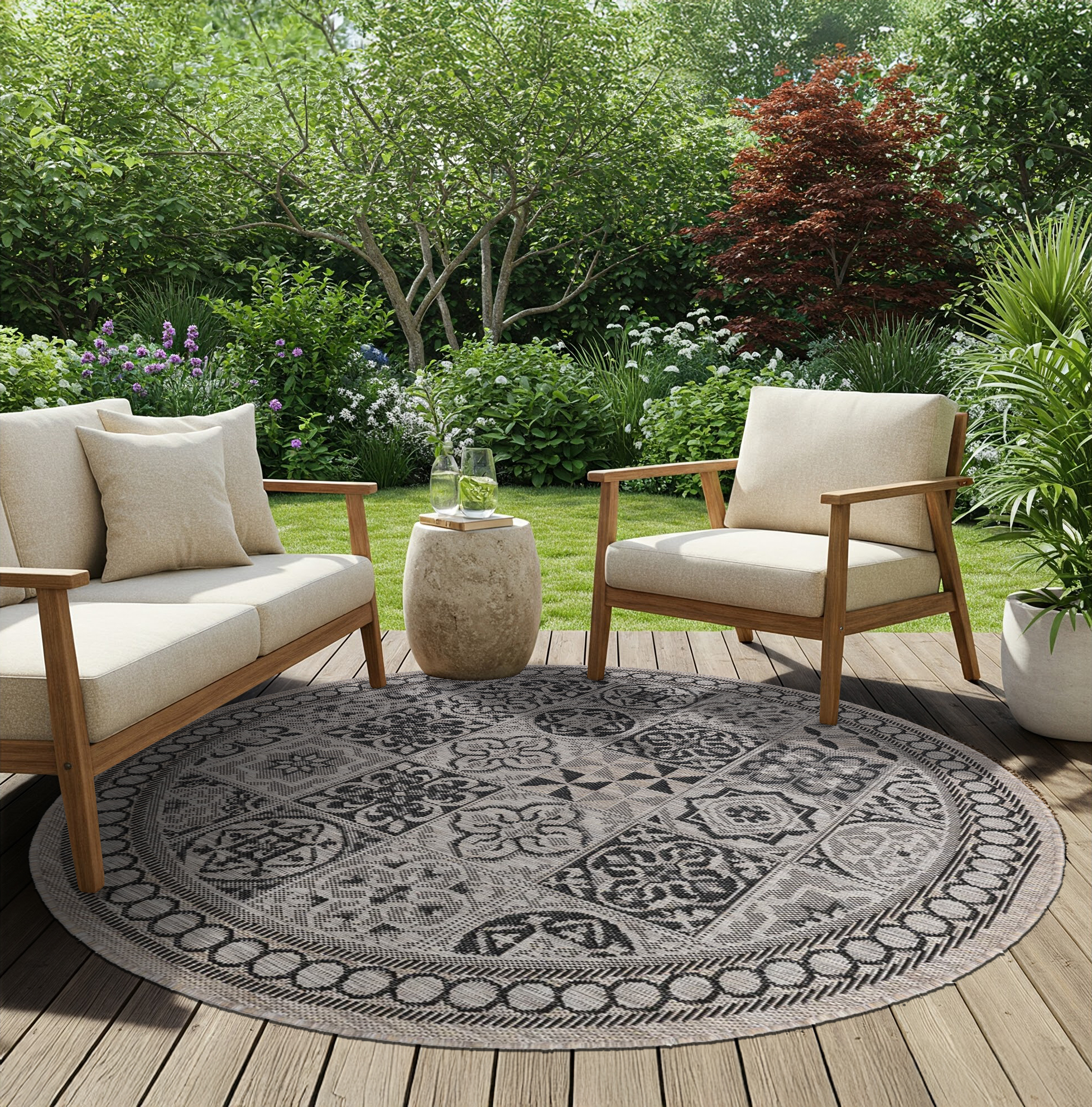 Tapijt Melissa Rond Bruin Zwart Mozaïek Indoor Outdoor