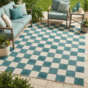 Buiten Vloerkleed Checker Crème Turkoois