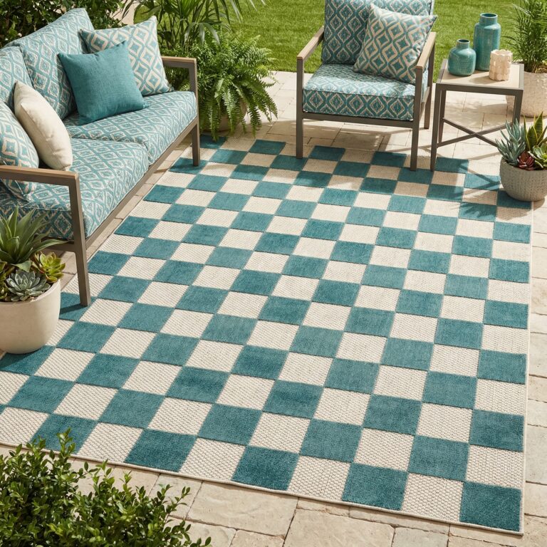 Buiten Vloerkleed Checker Crème Turkoois