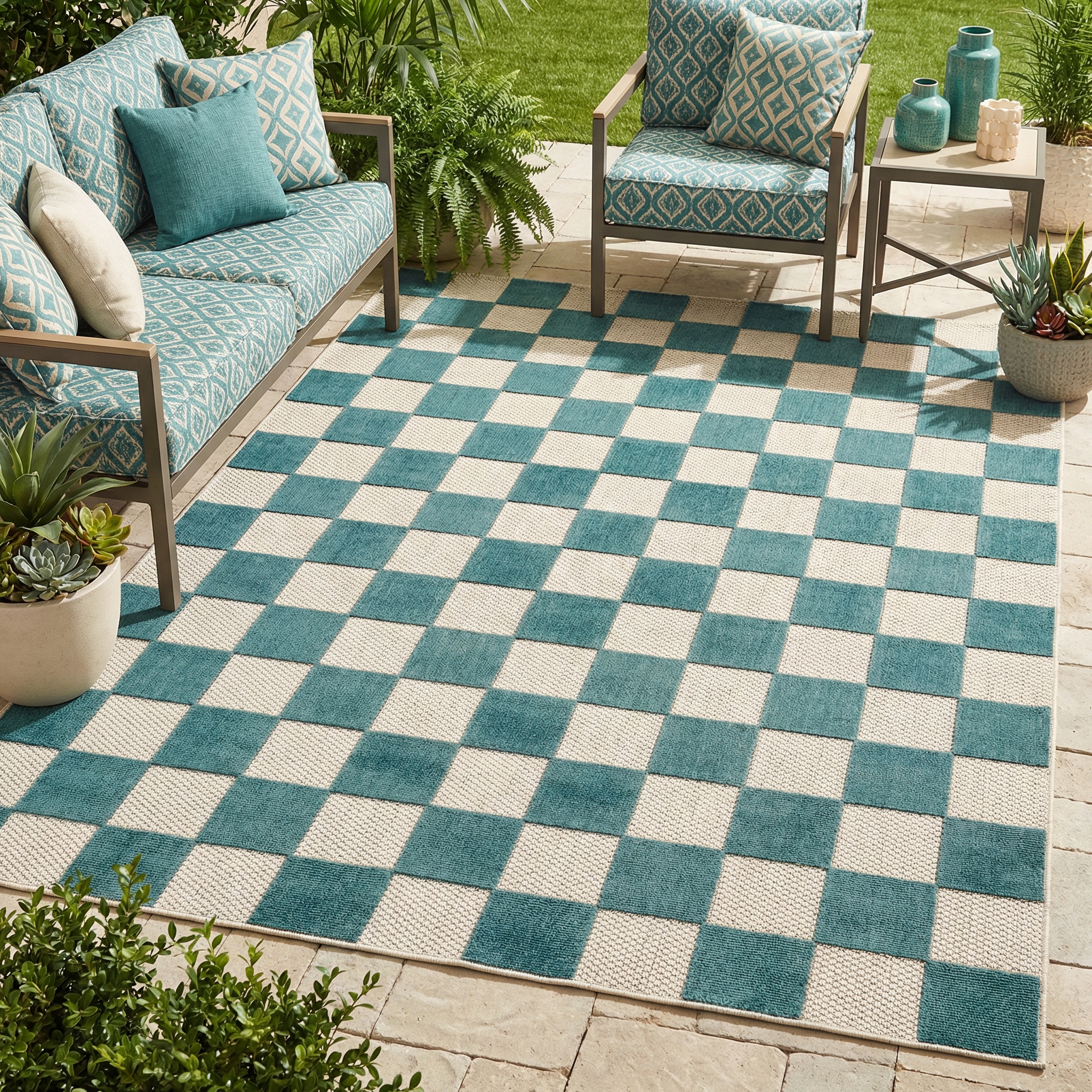 Buiten Vloerkleed Checker Crème Turkoois