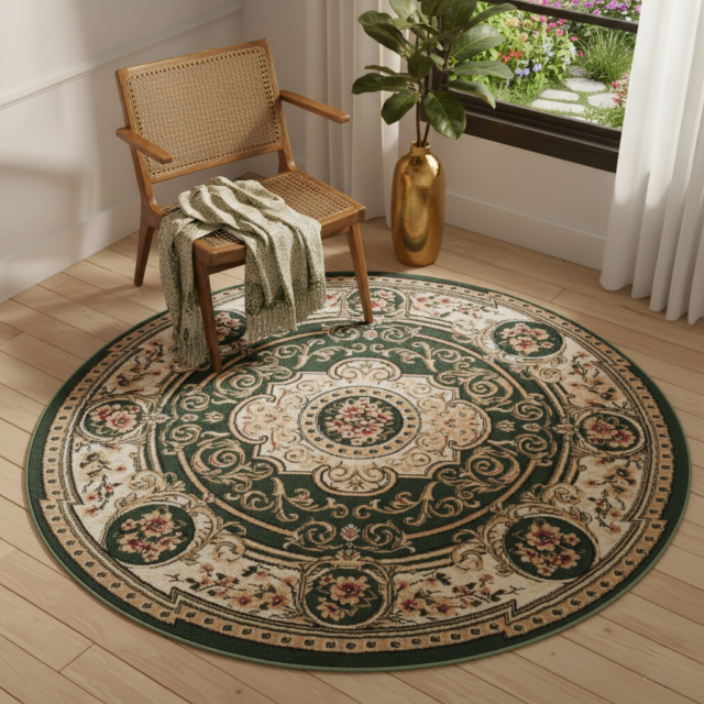 Vloerkleed Atlas Rond Groen Beige Ornament