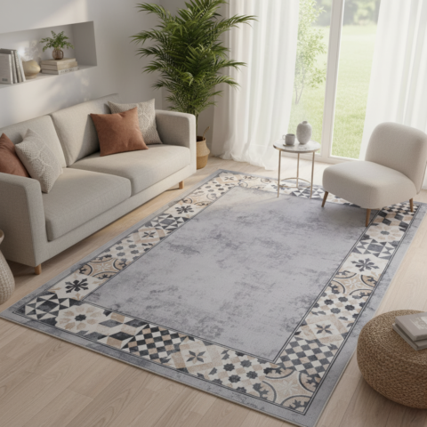 Vloerkleed Nora Grijs Beige Rand Antislip