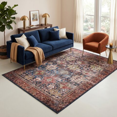 Vloerkleed Ispahan Bordeaux Marineblauw Vintage