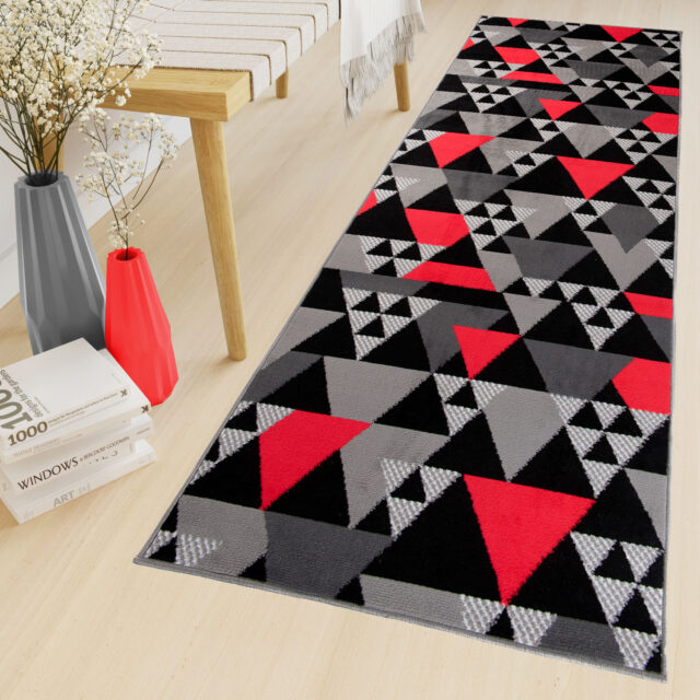 Loper Maya Grijs Rood Geometrisch Driehoeken