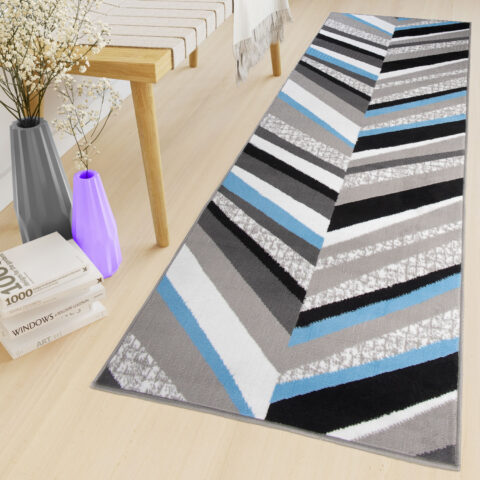 Loper Maya Grijs Blauw Geometrisch Lijnen