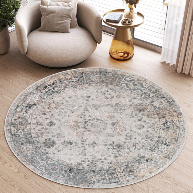 Vloerkleed Valley Rond Grijs Beige Ornamenten Frame