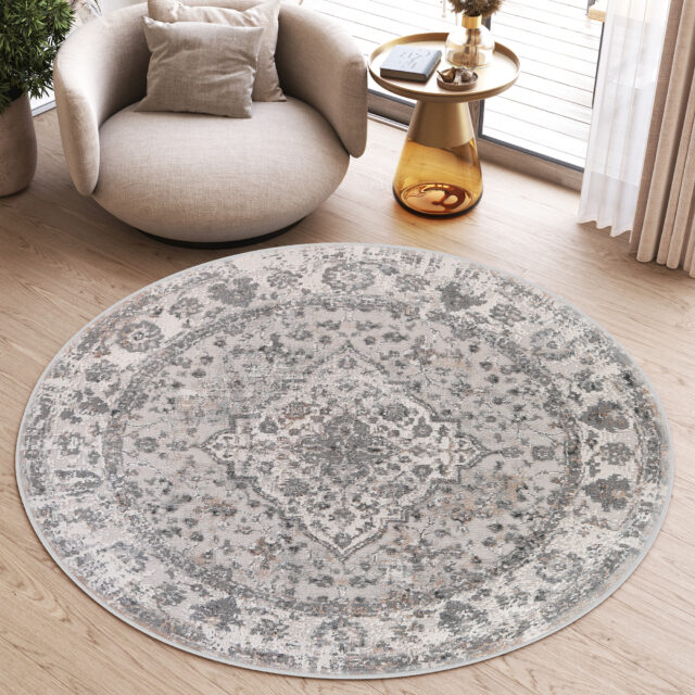 Vloerkleed Valley Rond Donker Grijs Vintage Frame