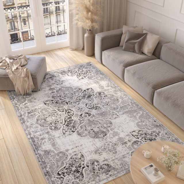 Vloerkleed Valley Grijs Vintage Gebloemd Rozet
