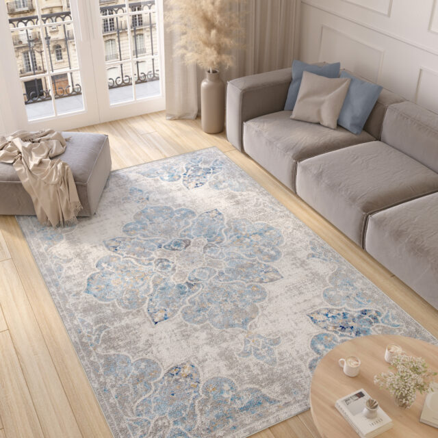 Vloerkleed Valley Grijs Blauw Vintage Gebloemd