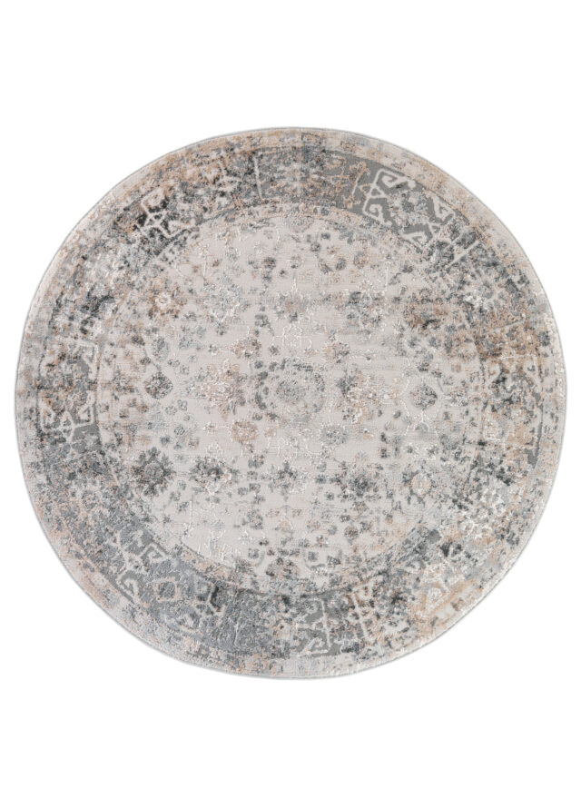 Vloerkleed Valley Rond Grijs Beige Ornamenten Frame