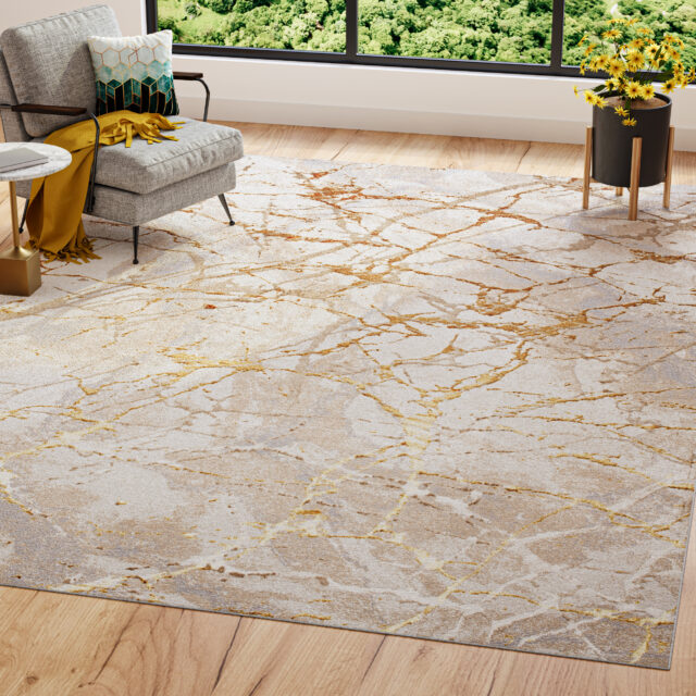 Vloerkleed Golden Creme Goudkleur Abstract Lijnen