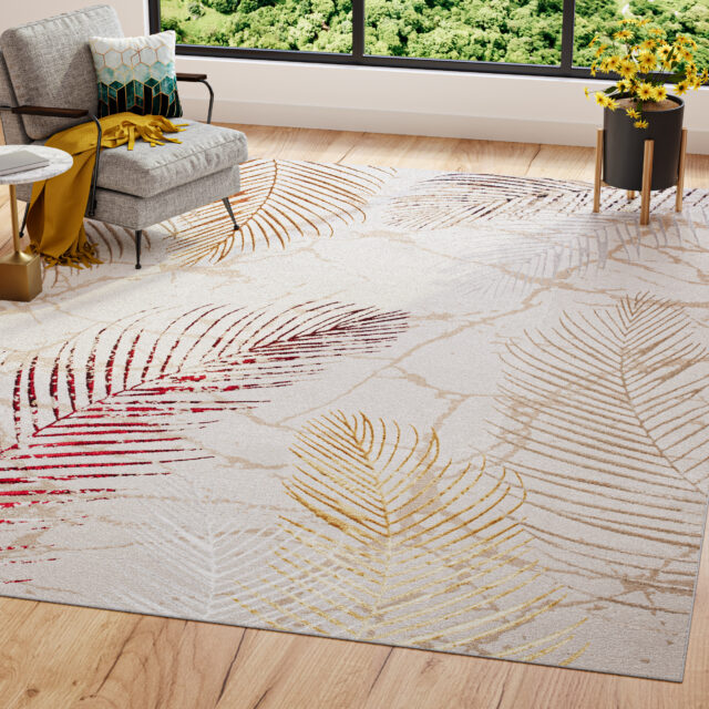 Vloerkleed Golden Creme Goudkleur Rood Bladeren